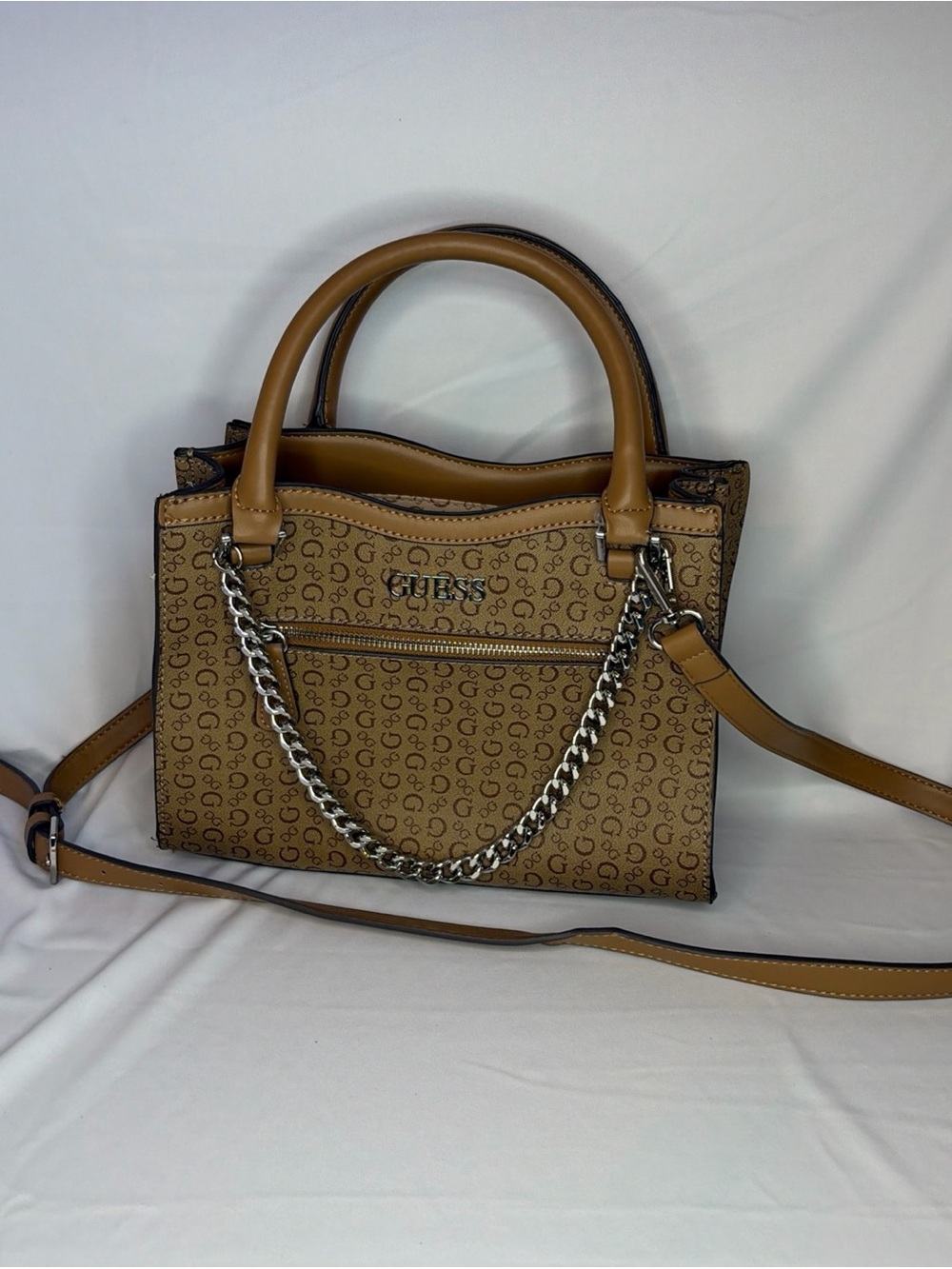 GUESS Tan Monogram Satchel with Silver Chain Detail